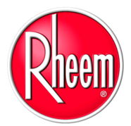 A red and white logo of rheem.