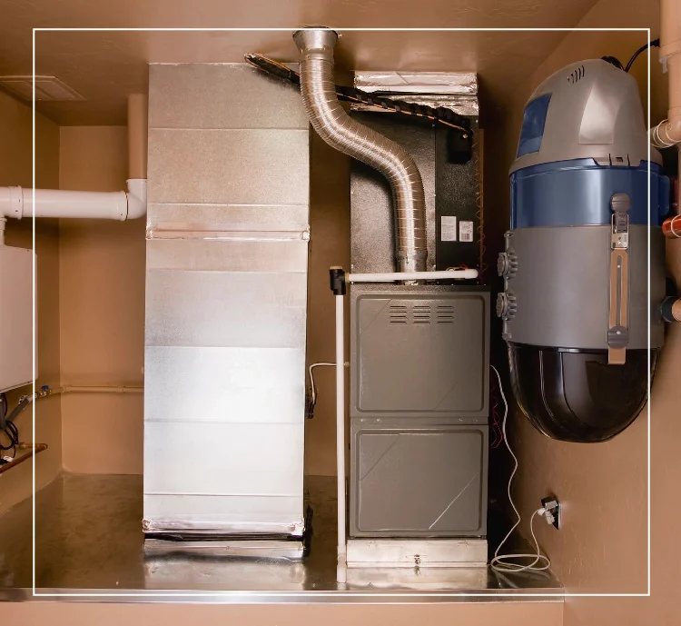 A view of the inside of a home with a large metal furnace.